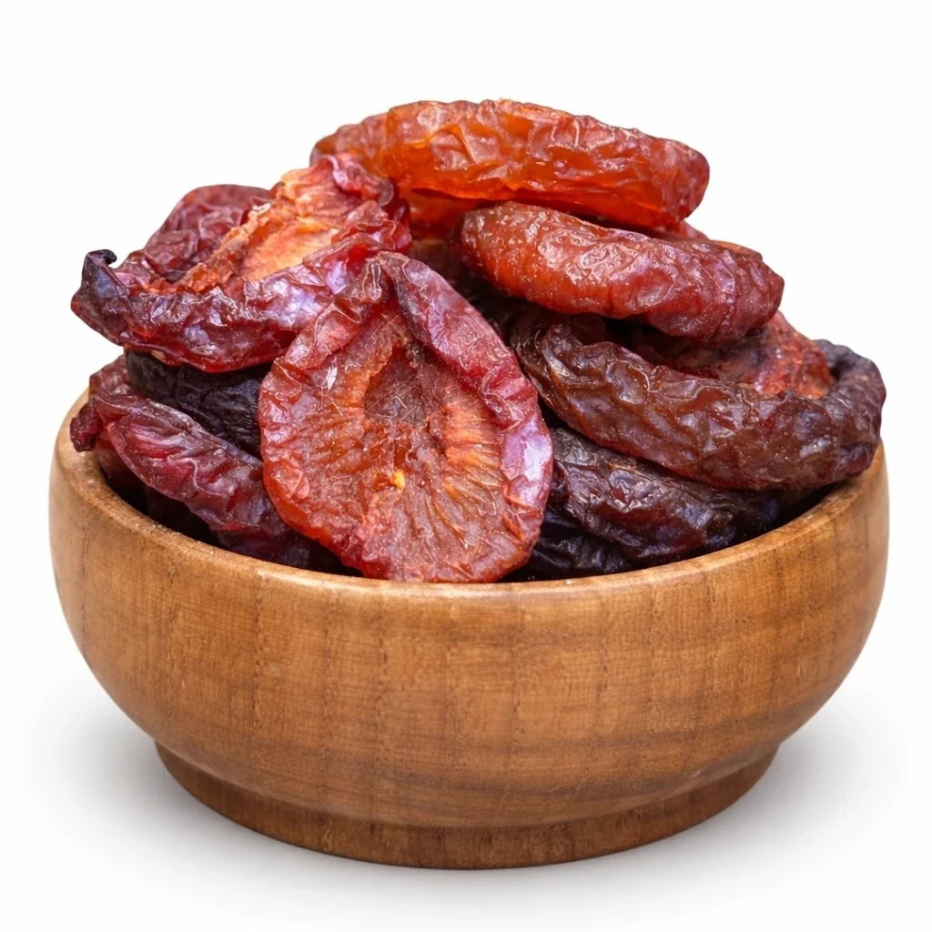 Kırmızı mayhoş dilim erik kurusu, kırmızı kuru erik, dilimlenmiş erik kurusu, mayhoş kuru meyve, kurutulmuş kırmızı erik, Han Bey Kayısı.